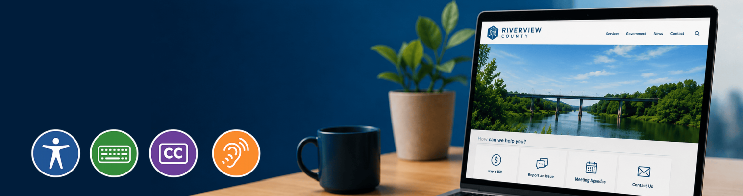 Laptop displaying an accessible government website with accessibility features beside a coffee mug, potted plant, and accessibility icons on a modern office desk.